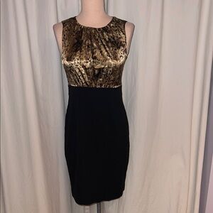Tahari Black and Gold Sleeveless Midi Animal print sheath Dress